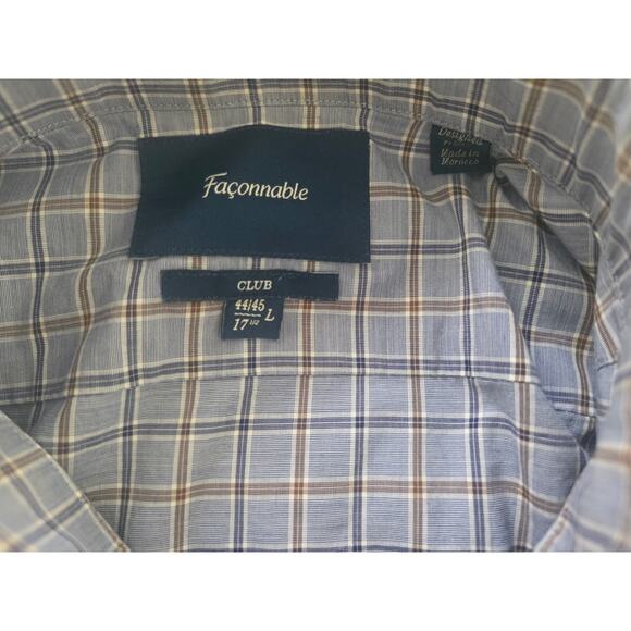 Faconnable Club Dress Shirt 17.5 L Blue Brown Check 100% Cotton Button Dow - Picture 5 of 11
